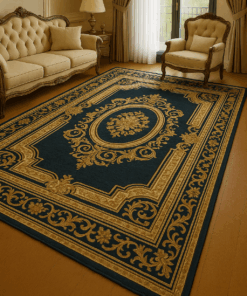 Baroque style navy blue and gold carpet