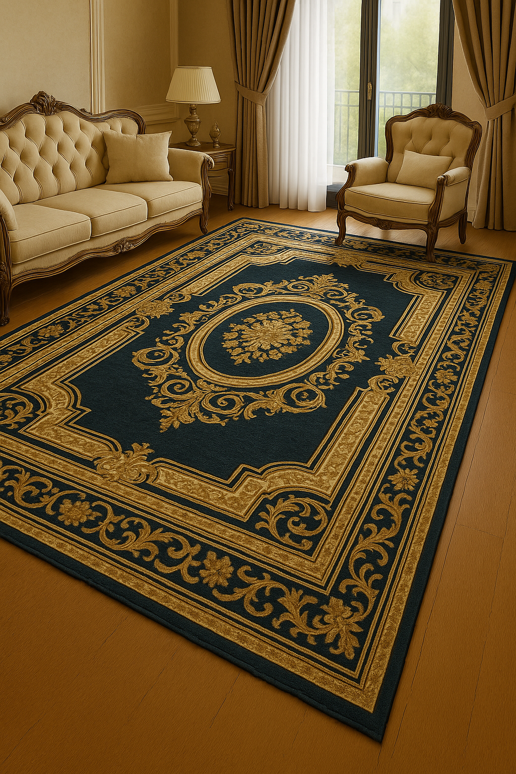 Baroque style navy blue and gold carpet
