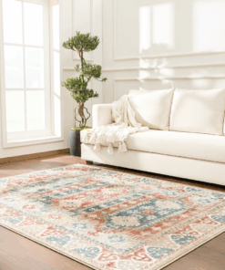 vintage carpets in brick red, blue, cream