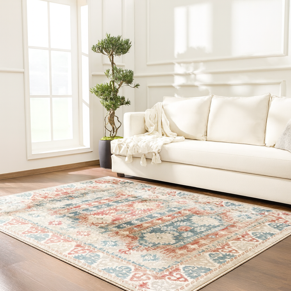 vintage carpets in brick red, blue, cream