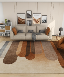 A modern living room with an earth-toned rug