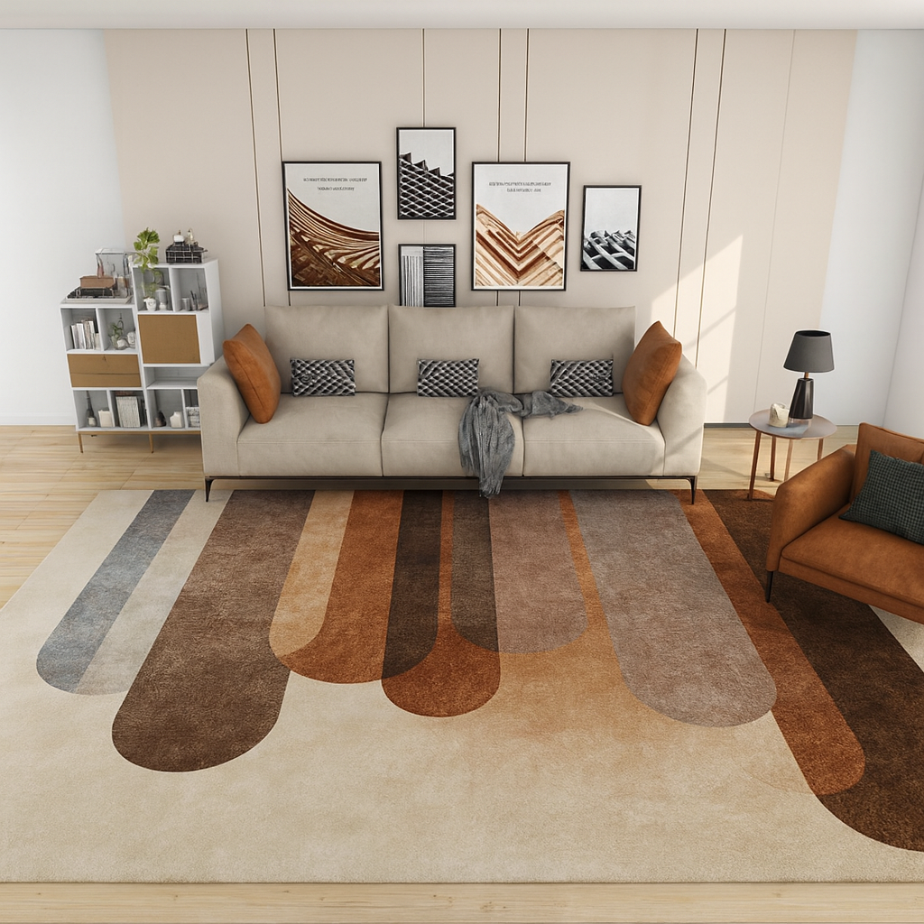 A modern living room with an earth-toned rug