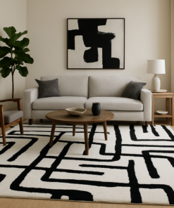 Abstract Maze Black-White Rug