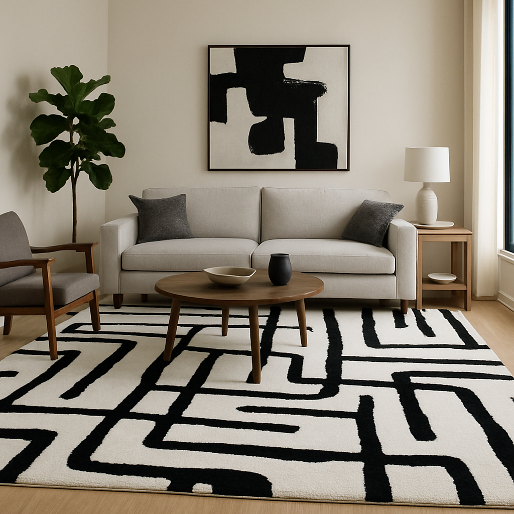 Abstract Maze Black-White Rug
