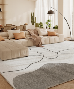 Modern living room rug in white and gray tones.