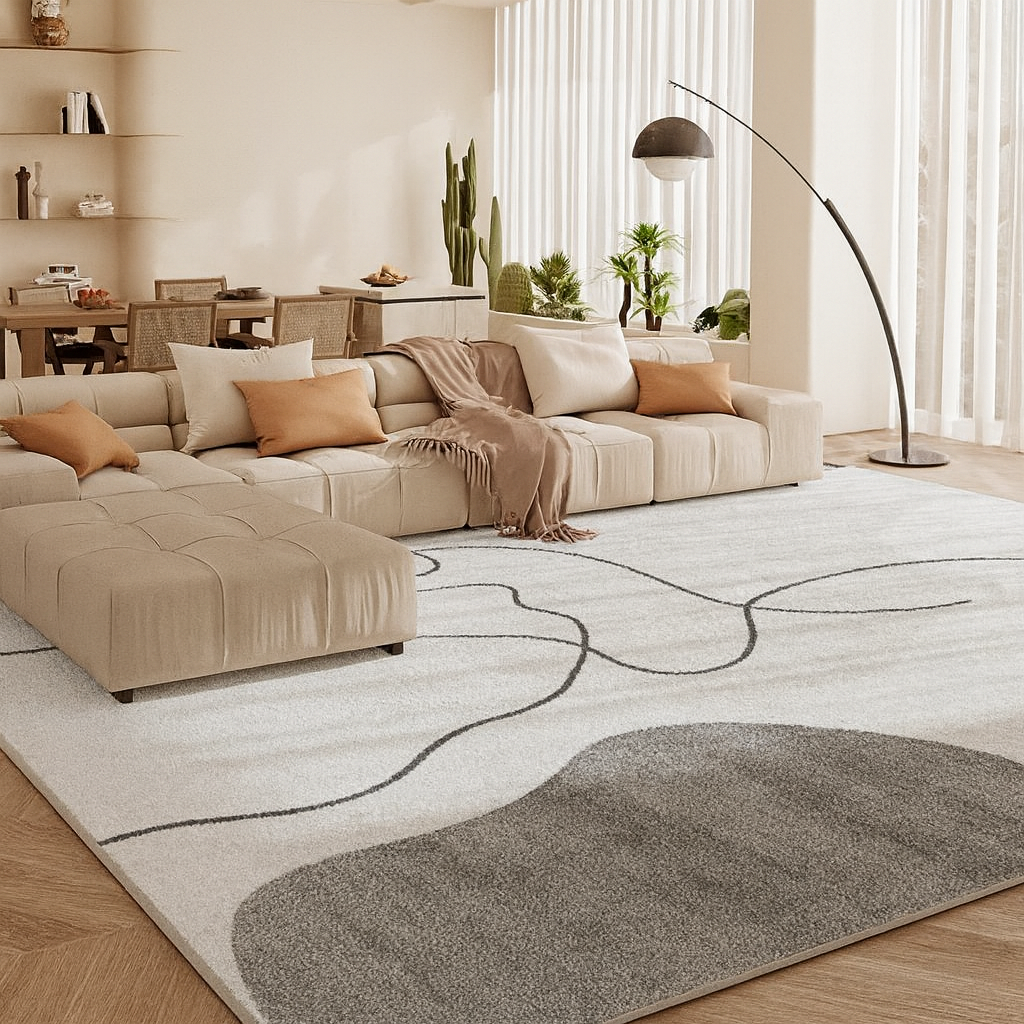 Modern living room rug in white and gray tones.